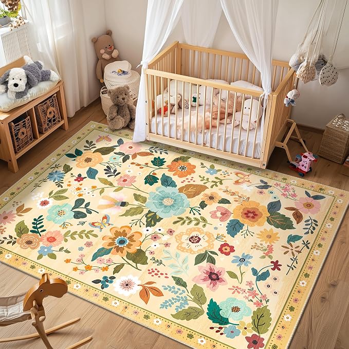 RELEANY Floral Washable 8x10 Area Rugs Yellow/Orange | Flower Carpet, Print, Boho, Non-Slip, Easy to Clean, Soft, Low Pile for Living Room Bedroom Kitchen Office Entryway Hallway