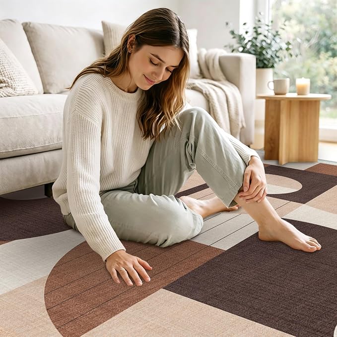 3x5 Brown Geometric Area Rug for Bedroom Entryway Hallway Modern Abstract Rug Machine Washable Non-Slip Carpet for Bathroom Kitchen Bedside Living Room