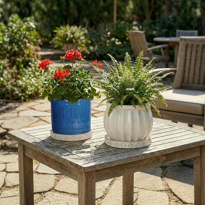 Eightpot 2 Pack Ceramic Plant Saucer, 7.5 Inch Plant Trays for Pots, Round Plant Plates to Catch Water for Indoor Outdoor, Modern Plant Dishes to Catch Water, Decorative Flower Pot Trays, Cream White