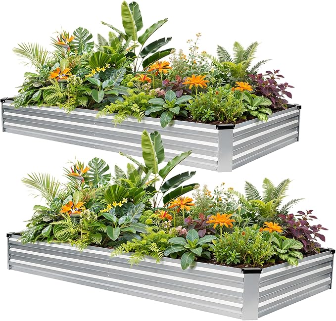 G GOOD GAIN 8x4x1ft Galvanized Raised Garden Bed, Heavy-Duty Metal Planter Boxes Outdoor for Vegetables Flowers Herbs, Silver(2 Pack)