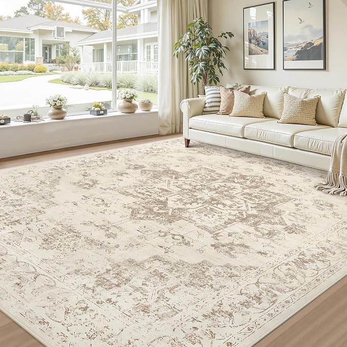 10x14 Area Rugs Living Room: Bedroom Washable Carpet Beige/Ivory | Large Vintage Boho Indoor Decor Neutral Soft Nursery Farmhouse Dining Room Office Floor Non-Slip Low Pile Under Table Rug