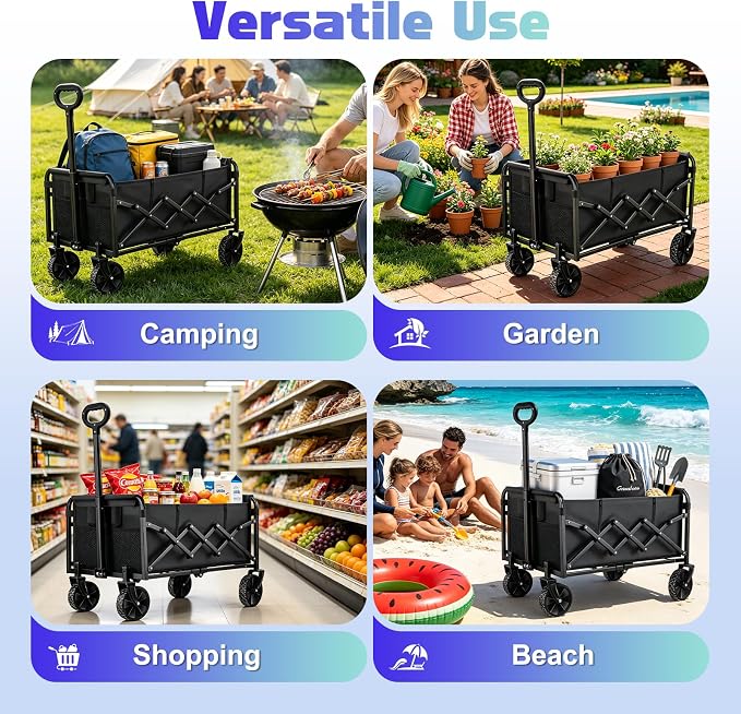 500LBS Collapsible Wagon Cart Foldable - 230L Large Heavy Duty Utility Cart with 360ยฐSwivel Brake Wheels, Lightweight Collapsible Wagon for Groceries Camping & Beach