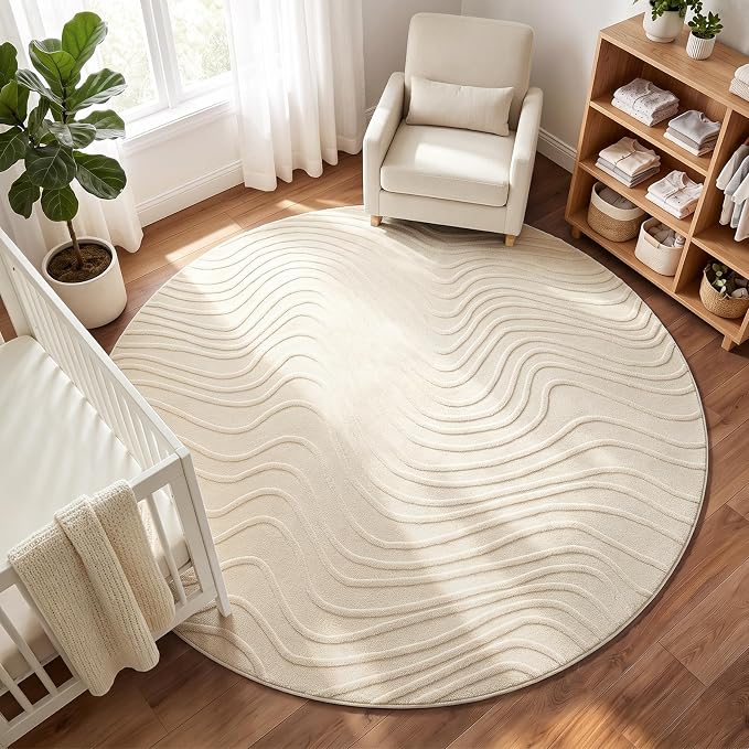 Etwel 6.5 ft Beige Modern Wavy Textured High-Low Pile Washable Round Rug | Soft Carpet, Non-Slip PVC Backing, Low Profile, Kid and Pet Friendly, for Living Room, Bedroom, Dining Room, Nursery