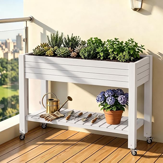 Elevated Resin Raised Garden Bed, 33.7in Height Raised Planter Box with Drainage Holes, Lockable Rotating Wheels & Bottom Storage Shelf, Stake Support, Easy Assembly for Patio Lawn Backyard Balcony