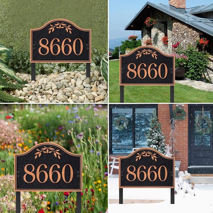 Yard Address Sign - Personalized Address Plaque,House Number Yard Sign,House Numbers for Outside,Lawn,Yard,Ground with 2 Stakes (Black/Red Copper)