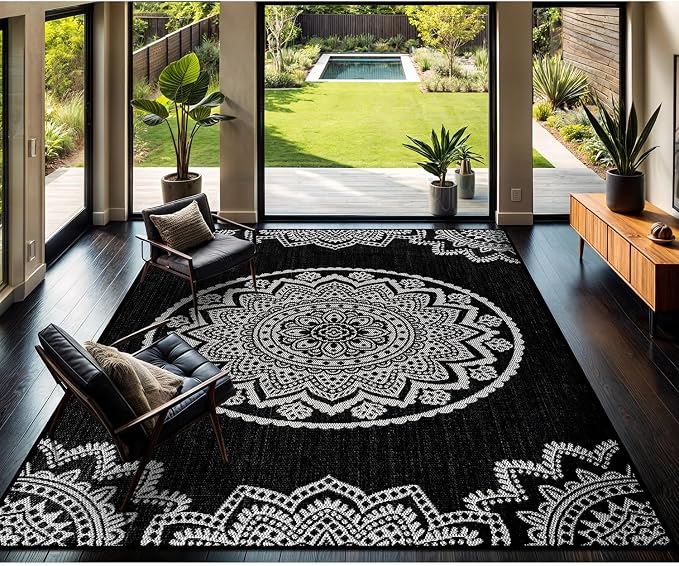 CAMILSON Outdoor Rug 9x12 Modern Large Area Rugs for Indoor and Outdoor Patios and Porches - Waterproof Washable Non-Shedding Easy-to-Clean Outside Carpet (9 x 12 Medallion - Black/White)