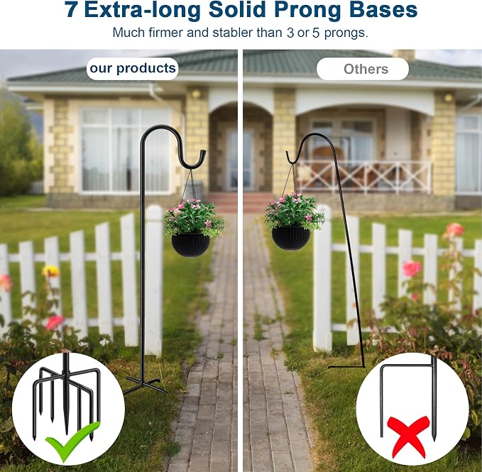 ANIDEER 96" Shepherds Hooks for Outdoor, Heavy Duty Garden Bird Feeder Pole Hanging Bird Feeder, Solar Light Lanterns, Outdoor Plant Hanger Hook with 7 Base Prongs, 1 Pack