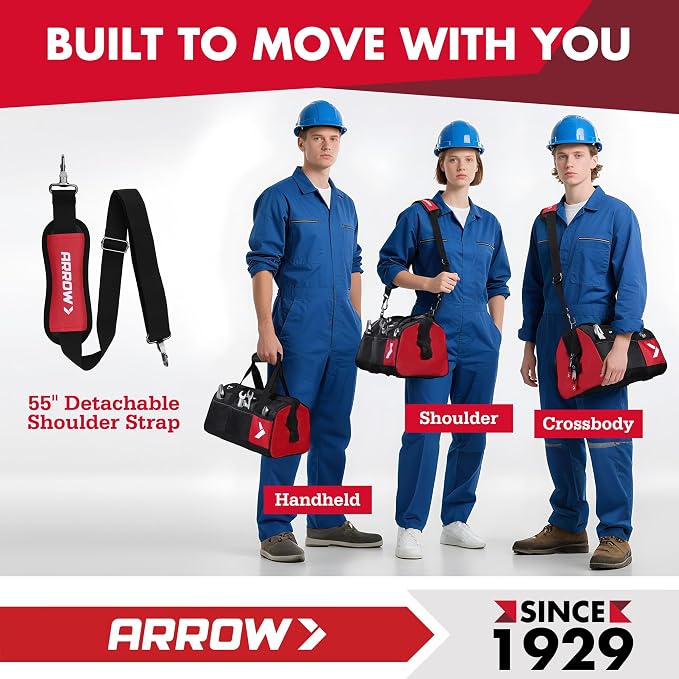 ARROW 14" Heavy Duty Tool Bag with Anti-Slip Feet, Tool Organizer Bag with Reflective Band, 840D Oxford Fabric, Multiple 11 Pockets, Soft Tool Bag for Men Women Electrician Mechanic Plumber HVAC
