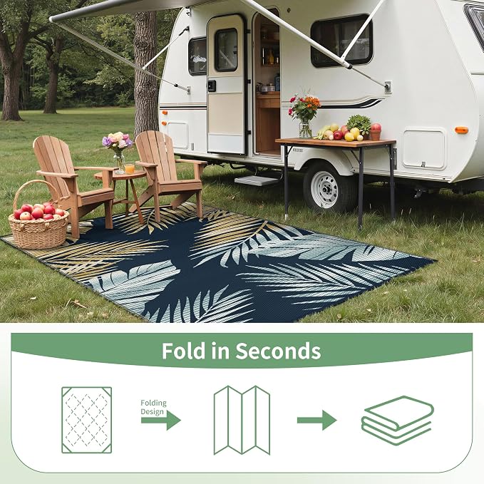 GENIMO Outdoor Rug 6' x 9' Waterproof for Patios Clearance, Reversible Outdoor Plastic Straw Camping Rug Carpet, Large Area Rugs Mats for RV, Camper, Deck, Balcony, Porch, Beach, Picnic, Yellow&Blue