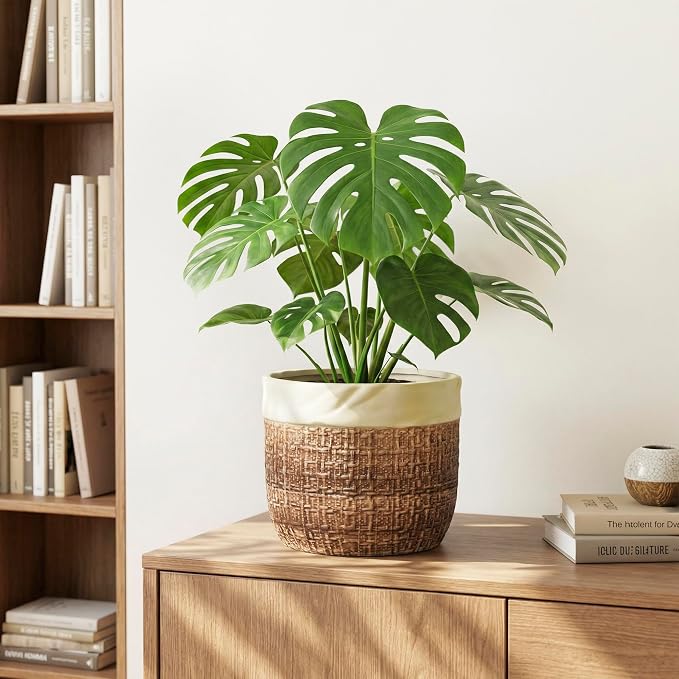 Ceramic Pots for Plants - 8 Inch Plant Pot Indoor with Drainage Hole, Round Planters for Indoor Outdoor Plants and Flowers, Decorative Boho Flower Pots, Room Decor, Housewarming Gifts, Brown