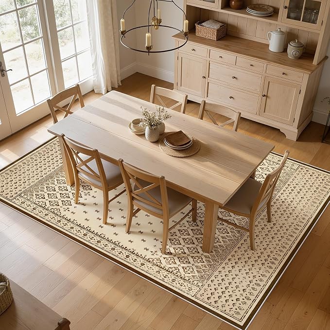 Joydeco 8x10 Area Rug for Living Room, Vintage Washable Rugs for Bedroom | Large Boho Geometric Low Pile Non Slip Ultra Thin Distress Indoor Throw Floor Carpet For Dining Room Home Office Dorm Beige