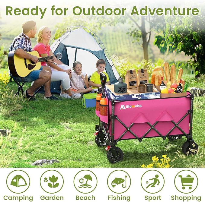 Blomoba Collapsible Wagon Cart, 150L Heavy Duty Foldable Beach Wagon with Wider Wheels & Auto-Rebound Handle, Utility Grocery Shopping Cart for Garden, Shopping, Camping, Sports, Pink