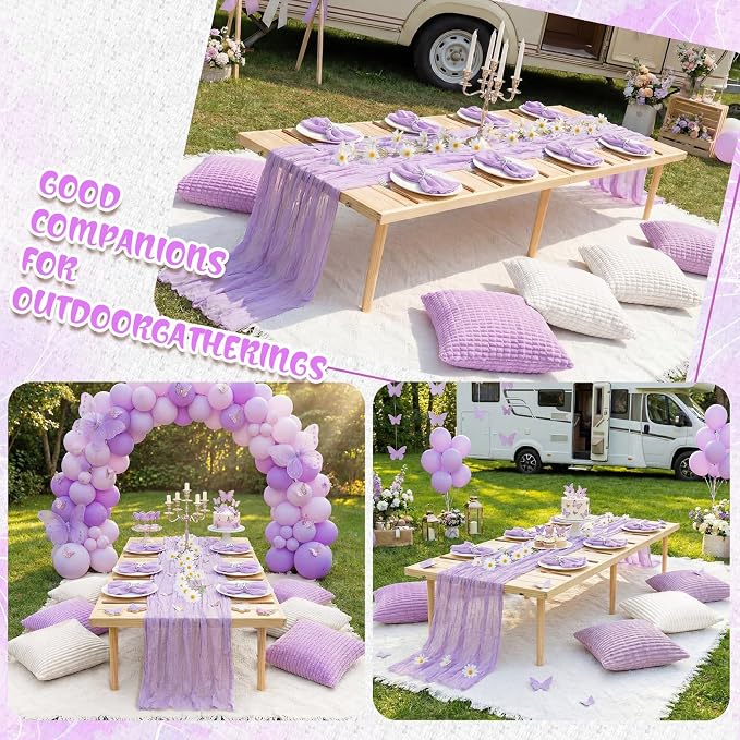 Beeveer 14 Pack Picnic Kit 91x71 Inch Extra Large Outdoor Boho Picnic Blanket with Purple Table Runner, 6 Throw Pillow Covers 6 Napkin Woven Cotton Yarn Washable Beach Blanket for Camp Wedding Decor