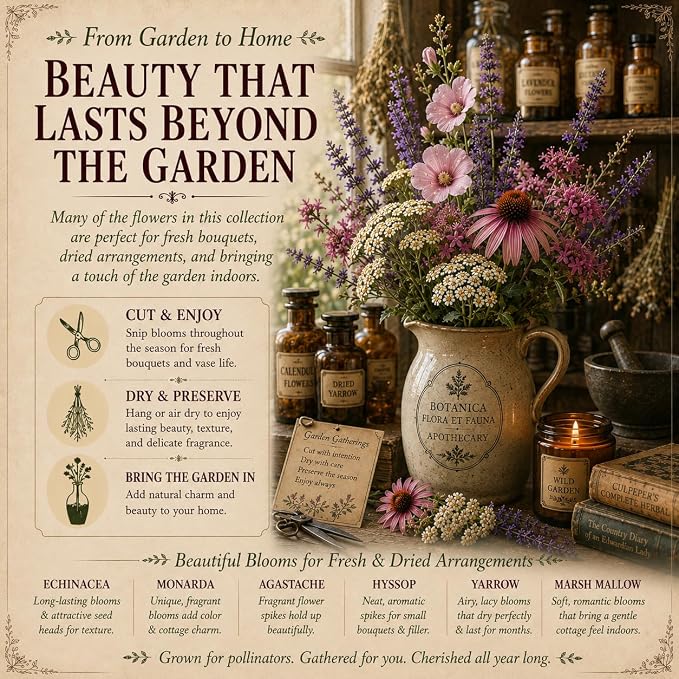 Old-World Apothecary Garden Seeds, 6 Medicinal Herb & Perennial Flower Seed Packets for Cottage, Pollinator, Herbalist & Herb Gardens
