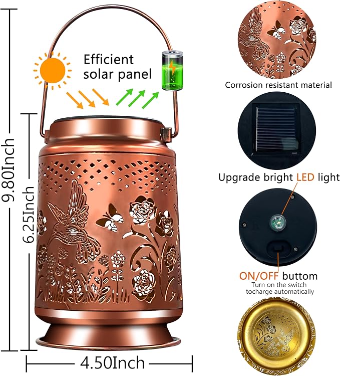 KY&BOSAM Rose Hummingbird Solar Lanterns Outdoor Waterproof Garden Decor | Retro Appearance ,Old Gold Color Metal Hanging Solar Lights Gifts for Women Mom Grandma Outside for Yard,Patio,Backyard,Porch
