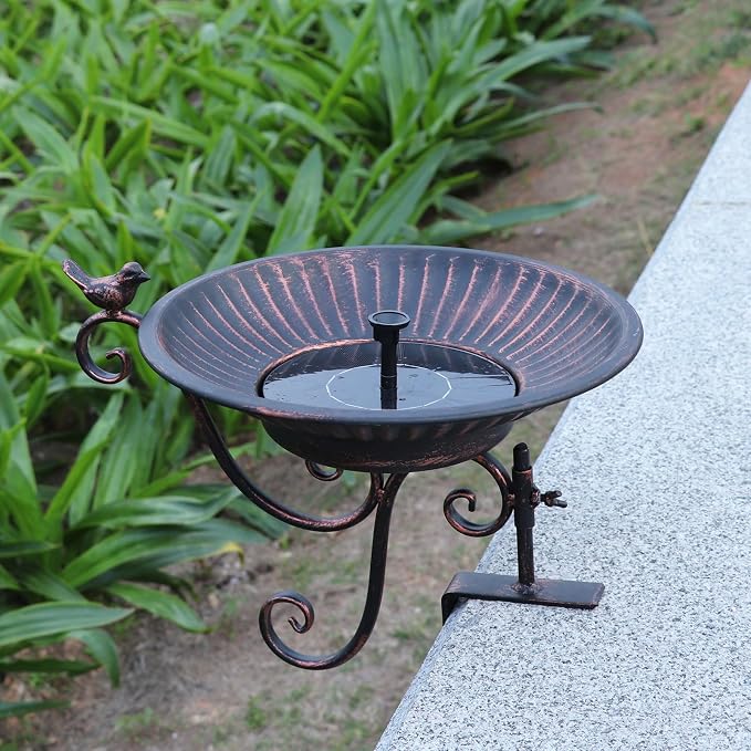 HLQMFHT Solar Bird Bath,Deck Bird Bath with Solar Fountain,Metal Bird Bath Bubbler,Deck Mounted Bird Bath,Adjustable Sturdy Balcony Bird Bath,Patio Garden Decor(Bronze)