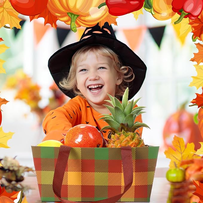 Qinyoung 12 Pcs Thanksgiving Basket for Gifts Empty 9.8 x 6.5'' Fall Plaid Gift Basket Empty to Fill with Handles, Bows, Plastic Bags and Twist Ties for Autumn Thanksgiving Party Favor Supplies
