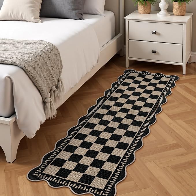 Checkered 2x6 Kitchen Runner Rug, Washable Rugs for Entryway Non Slip Outdoor Indoor Checkerboard Hallway Rug, Farmhouse Scalloped Carpet for Front Door Bedroom Laundry