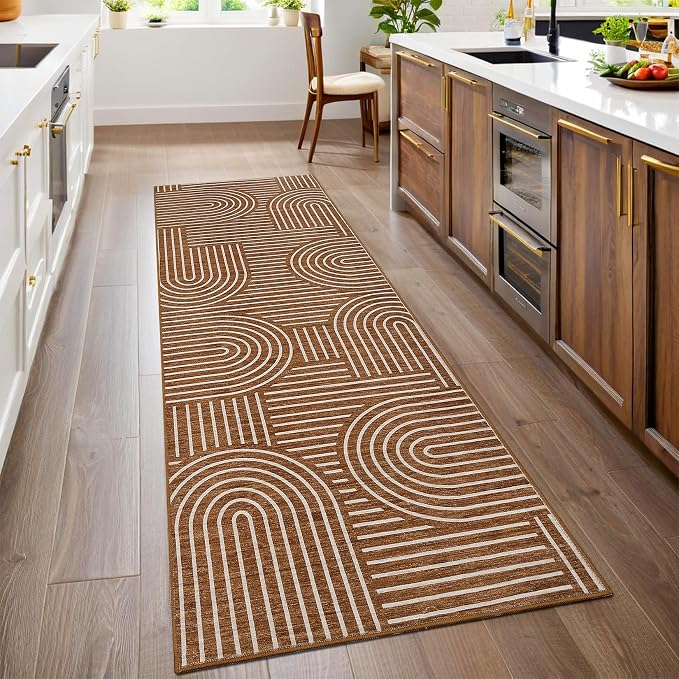ROYHOME Modern 2.5x8 Hallway Runner Rug Non Slip Soft Kitchen Rug, Copper | Abstract Washable Mat, Rainbow Geometric Runners Rugs for Bedroom, Long Rugs for Entryway Arch Pattern Bathroom Laundry Dorm