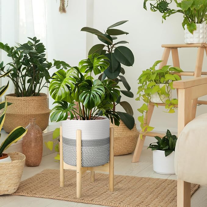 Plant Basket with Stand Indoor Planter Pot Holder Sturdy Jute Rope Modern Woven Basket, Cotton Rope Woven Pot with Bamboo Stand(10 Inch,White and Gray)