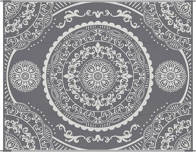 Pauwer Waterproof Outdoor Rug 8x10, Reversible Plastic Straw Patio Camping Rug, Indoor Outdoor RV Mat Carpet for Deck, Camper, Porch, Balcony, Backyard, Picnic, Paisley Grey