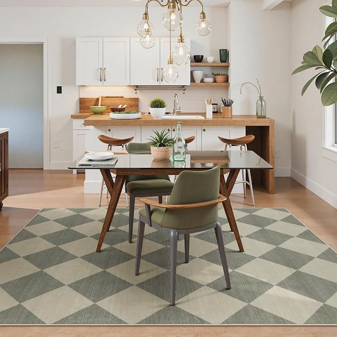Beeiva Checkered Print 5x7 Rugs for Living Room, Non Slip Soft Green Rugs for Bedroom Ultra Thin Washable Rugs 5x7, Moroccan Farmhouse Carpet for Playroom Kids Room, Classic Classroom Dorm Home Decor