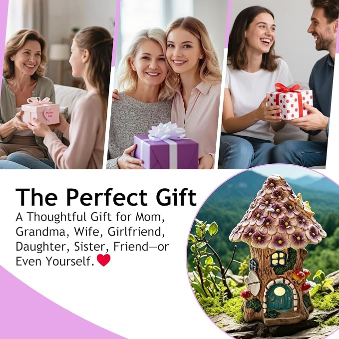 Fairy Garden House, Solar Fairy House for Outside Decor, Outdoor Mushroom Garden Statues for Yard, Lawn, Balcony Patio, Outdoor Figurine Lights Gifts for Mom Women