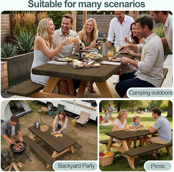 Picnic Table Cover with Bench Covers Camping Essentials Waterproof Windproof Camping Tablecloth with Drawstring Bag, Fitted Rectangle Tables and Seats, 96in, Dark Brown
