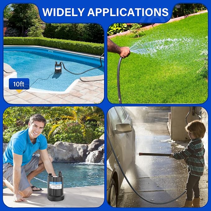 Acquaer Submersible Water Pump 1/6 HP Sump Pump Thermoplastic Utility Pump Small Electric Water Pump 1750GPH Water Remove for Basement Hot Tubs Garden Pool Cover Draining with 10 ft Cord | Thermoplastic Utility Pump Electric Water Pump Water Remove for...