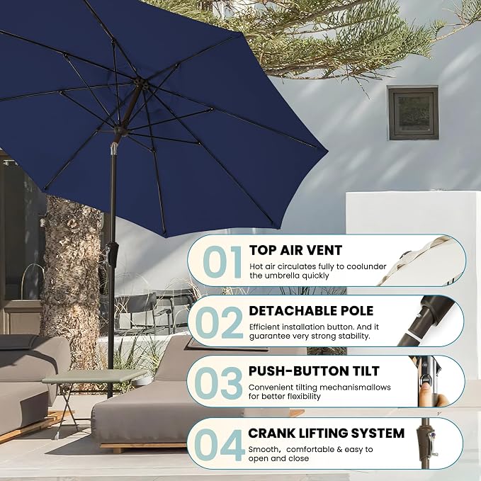 9FT Large Outdoor Patio Umbrella Pool Market Umbrella-UV Resistant, Easy Push Button Tilt and Crank, 8 Sturdy Ribs Heavy-Duty Table Umbrella for Deck, Backyard,Garden (Navy)