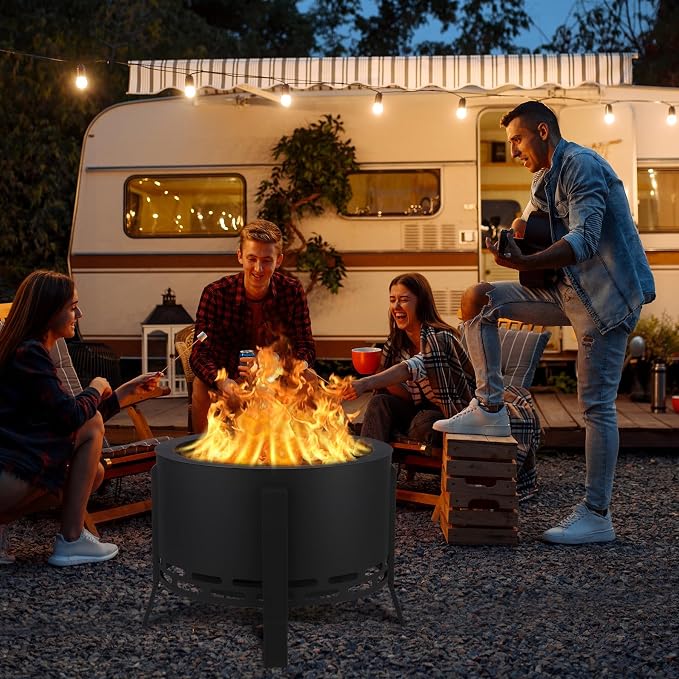 Smokeless Fire Pit 26" with Ash Tray Base - Large Steel Outdoor Fire Pits for Patio, Camping & Backyard, Includes Adjustable Feet, Fire Poker & Dust Bag