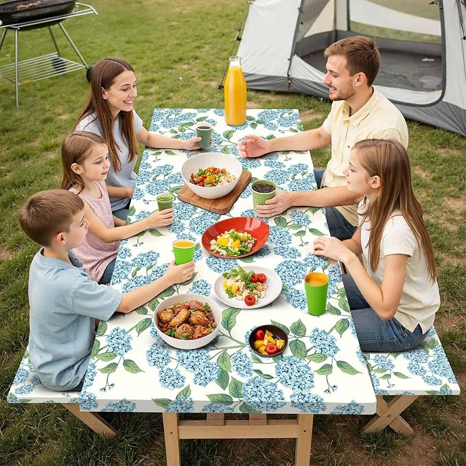 Picnic Table Cover with Bench Covers Elastic,Fitted Table Cloths for Rectangle Tables 6 Foot Washable,Waterproof Tablecloth for Outdoor Camping Essentials (Blue Hydrangea, 6 Foot)