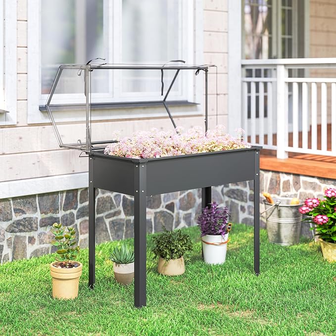 Outsunny Raised Garden Bed with Greenhouse Cover, Elevated Planter Box with Legs and Drainage Hole for Vegetables Flowers Herbs, 39.4" x 18.9" x 48.8", Dark Gray