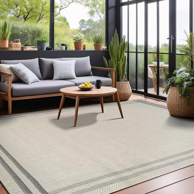 Luul Home Easy Jute Rugs 5x7 Bordered Bone Color Living Room Indoor Outdoor Area Rug for Patio and Kitchen Rug High Traffic Washable Easy to Clean Solid Boho Woven Design Outside Carpet (5 x 7)
