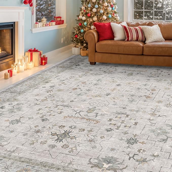 Washable Light Gray & Sage Living Room Rug 6x9 - Boho Geometric Area Rugs for Dining Under Table, Neutral Floral Bedroom Carpet, Modern Vintage Low Pile Stain Resistant