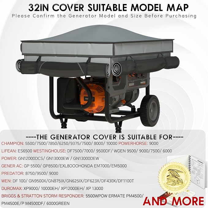 Generator Covers While Running, Waterproof Heavy Duty Generator Tent, 1680D+210D Double Layer, Rooftop Design, Large Generator Cover, 32 x24 x24, Grey