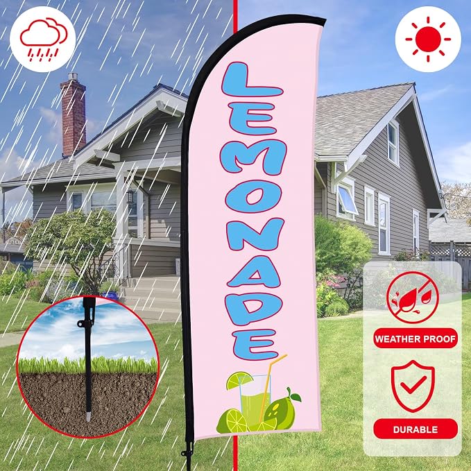 Buryeah Lemonade Feather Flag for Business Advertising 7x5.4ft Feather Flag Sign with Flagpole Ground Stake Portable Bag Lemonade Themed Banner with Rope for Outside Garden Business Party (Pink)