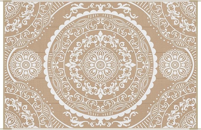 Pauwer Waterproof Outdoor Rug 6x9, Reversible Plastic Straw Patio Camping Rug, Indoor Outdoor RV Mat Carpet for Deck, Camper, Porch, Balcony, Backyard, Picnic, Paisley Brown