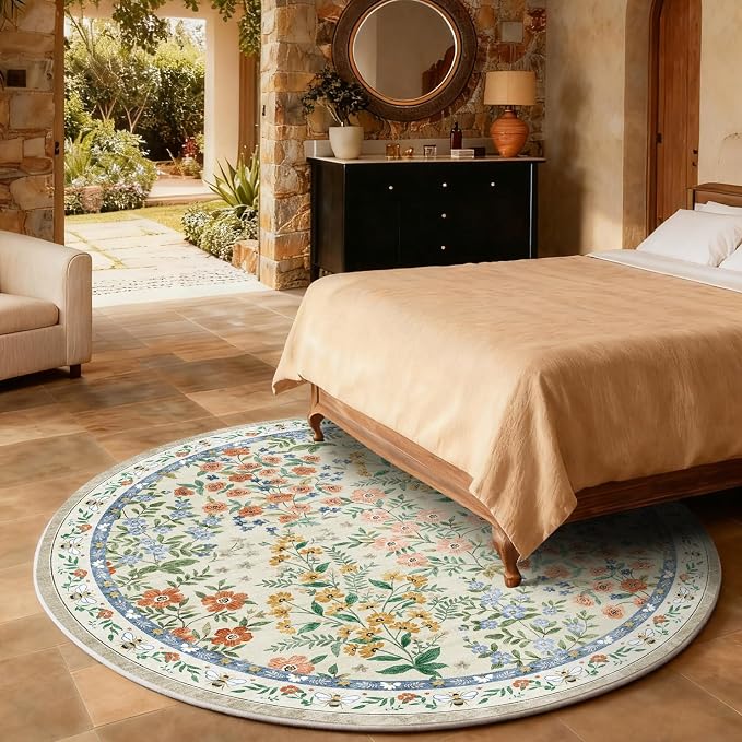 Washable Round Rugs for Bedroom 4ft: Living Room Rug Stain Resistant Non Slip Low Pile Ultra Soft Faux Wool Small Circle Rugs for Entryway Kitchen Bathroom Nursery Dorm Home Office Entrance Indoor