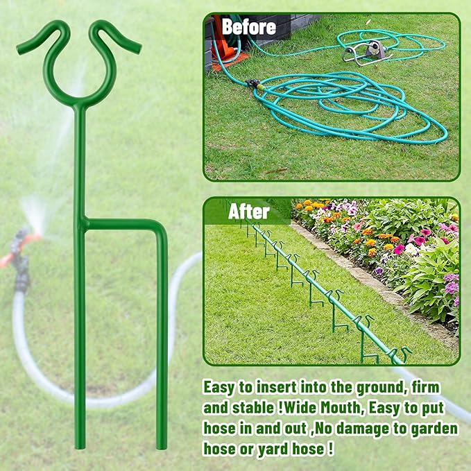 6 Pack Garden Hose Guide Stakes, 14 inch Metal Hose Guides for Garden Heavy Duty Rustproof Coated Spike Keeps Water Hose Out of Flower Beds Outside Lawn & Yard Plant Protection (Green)