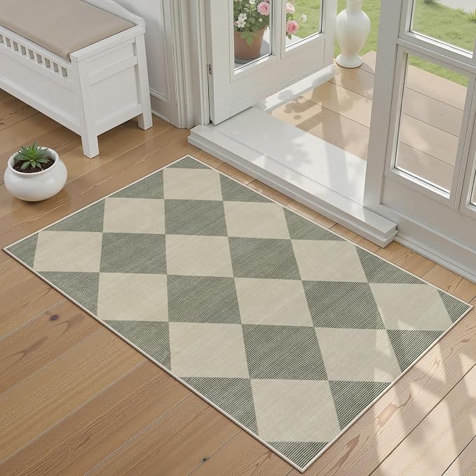 Beeiva Checkered Washable Entryway Rug 2x3, Non Slip Ultra Thin Green Front Door Mat Indoor Entrance Low Pile Small Kitchen Rug, Moroccan Contemporary Decor Neutral Accent Carpet for Bedroom Bathroom