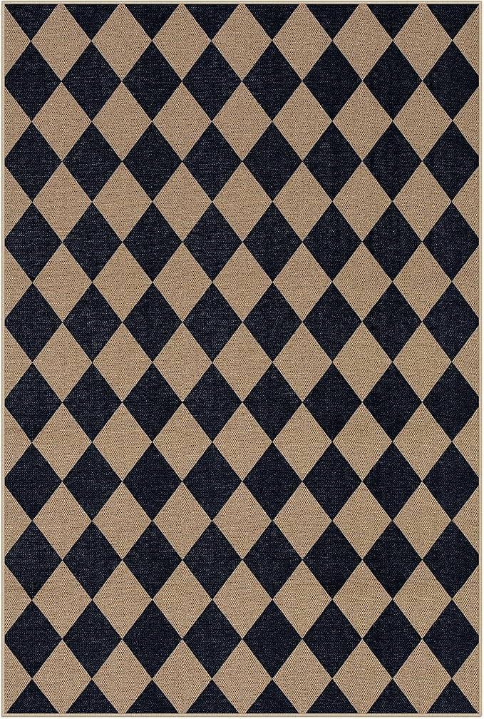Lahome Colette Checkered Easy Jute Patio Rug, 6x9 Washable Indoor Outdoor Rug, Farmhouse Neutral Non Slip Non Shedding Low Pile Floor Carpet for Deck Living Dining Room Office Mudroom