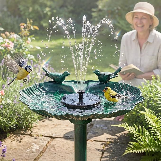 VINGLI Pedestal Bird Bath with Solar Fountain, Solar Pump Resin Birdbaths, Weather Resistant Bird Baths with Ground Stakes, Vintage Finish Garden Decor for Outdoor, Patio, Yard, Lawn(Green Shell)