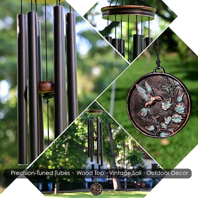 Vanquer Vintage Wind Chimes for Outside Deep Tone - 34'' Wind Chimes Outdoor Clearance, Windchimes Outdoors, Memorial Wind Chimes, Sympathy Gift, Patio, Home Décor, Vintage Black (34" Hummingbird - A)