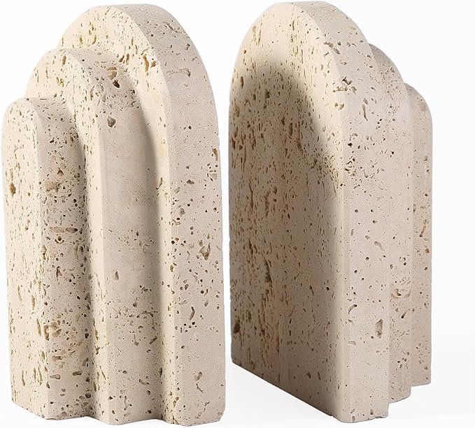 Natural Marble Book Ends - Heavy Duty Bookends for Shelves - Aesthetic Layered Arch Design Stone Book Holders, Unique Modern Office Bookshelf Stopper Decor for Books/CDs(Travertino Turkey)