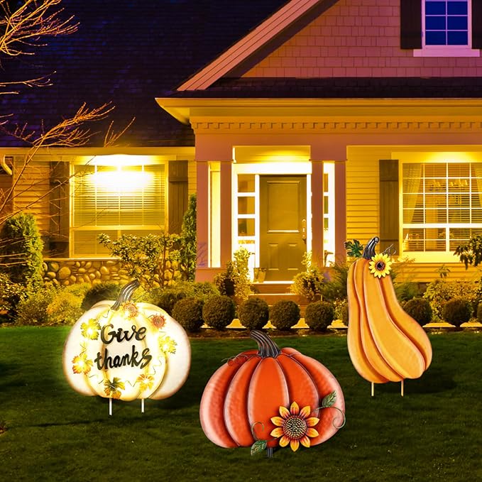 Fovths 42.3 Inch 3 Pieces Thanksgiving Metal Fall Pumpkins Garden Yard Sign, Giant LED Metal Thanksgiving Pumpkin Yard Sign Stakes, Waterproof Fall Harvest Pumpkin for Outdoor Lawn Decor