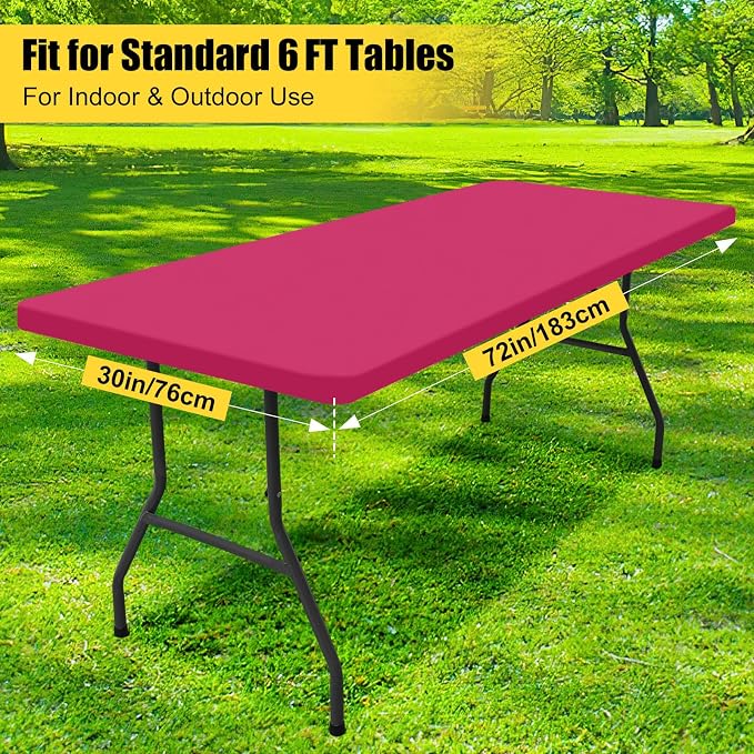 Smiry 6 Pack Rectangle Picnic Table Cloth, Waterproof Elastic Fitted Tablecloths, Washable Polyester Rectangular Patio Table Cover for Camping, Indoor and Outdoor (Fuchsia, 30"x72")
