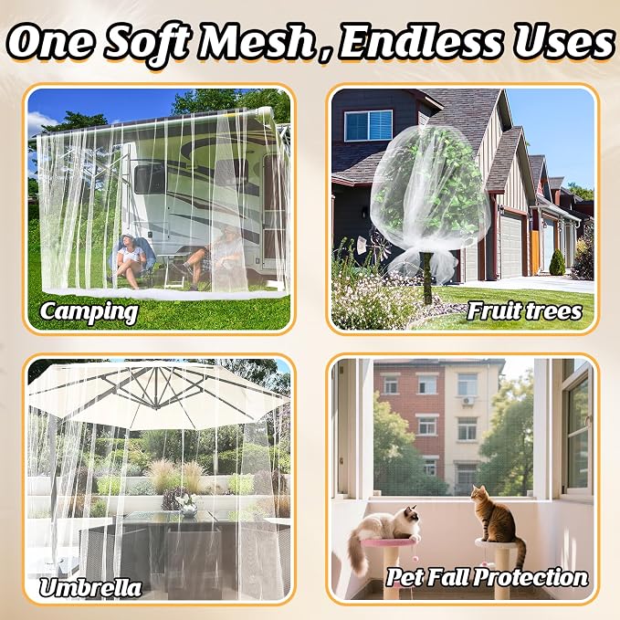 ANPHSIN 65x10ft Ultra fine Mosquito Net for Patio - Mesh Netting Screen for Outdoor Garden Porch Balcony, Protects Skin & Plants from Bugs, Birds, White