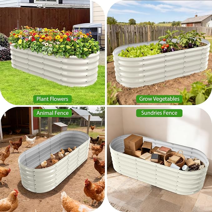 YSEJOMP 17" Tall Outdoor Garden Raised Garden Bed Kits, 5ft X 2ft Oval,0.8MM Thick Metal Raised Planter Bed/Ground Planter Box for Variety of Flowers,Herbs,Vegetables (Cream White, 60X24X16.5 Inches)