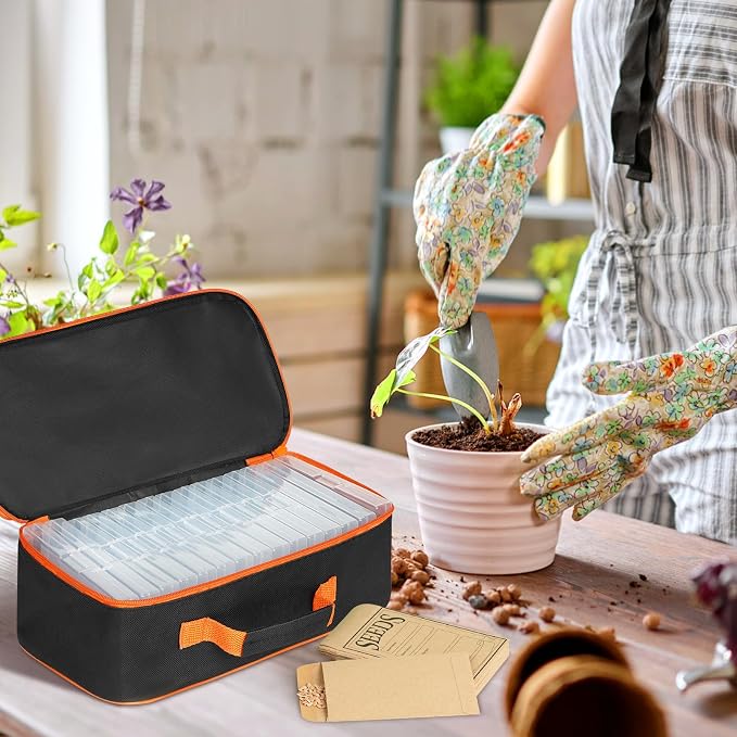 15 Slots Seed Storage Box with 20 Seed Envelopes, Large Capacity Seeds Organizer Container with Zipper Bag Label Stickers, Seeds Saving Container for Garden Vegetable and Flower (Orange)